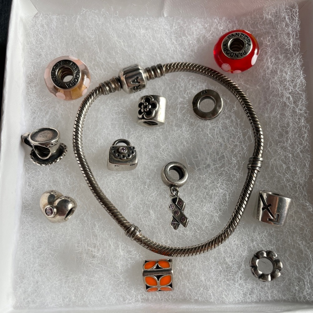 7.1” Sterling Silver, 925 Pandora Moments Snake Bracelet with 11 retired charms